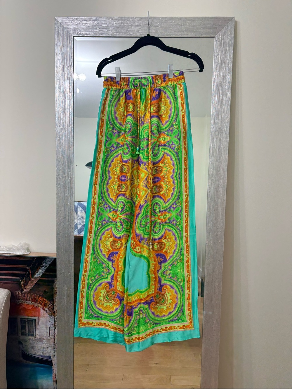 Zara Bright Turquoise Paisley Print Wide-Leg Pants